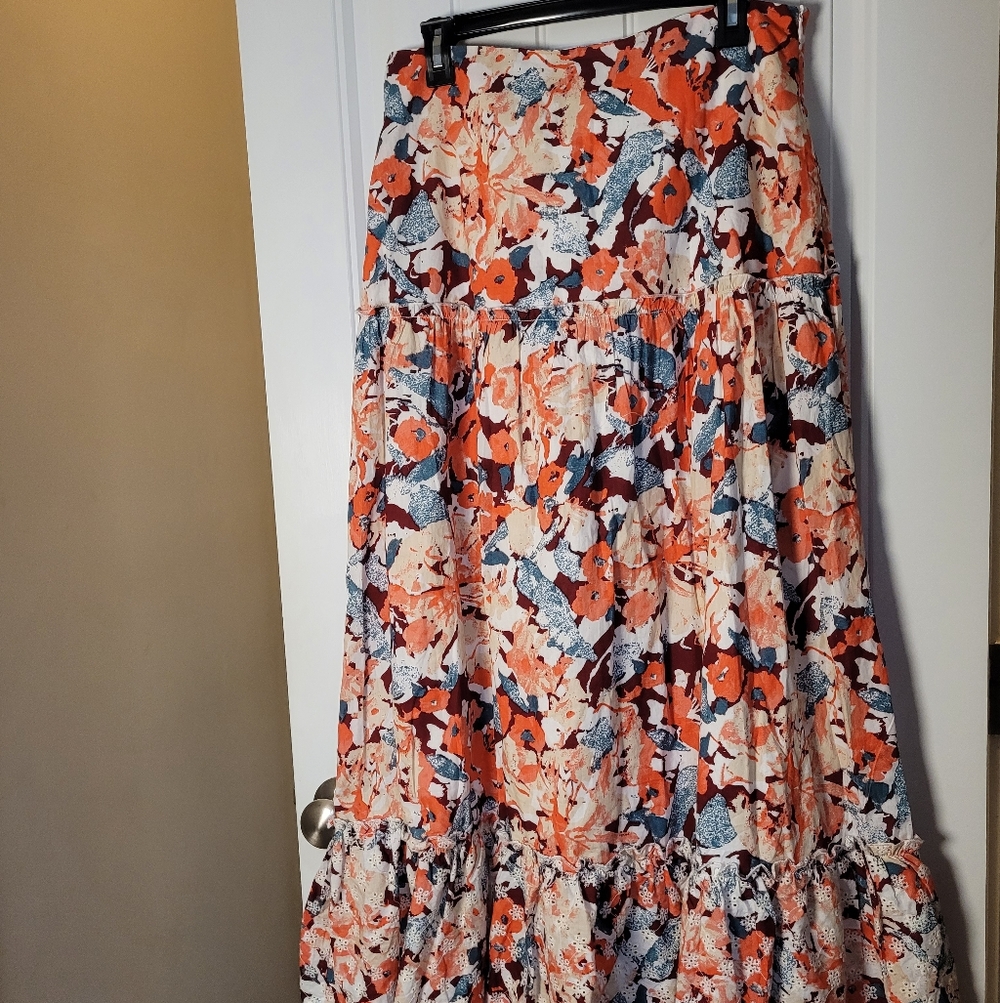 Floral Tiered Maxi Skirt in Orange and Cream